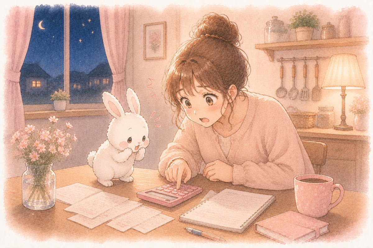 夜のキッチンで電卓を叩くうさみ