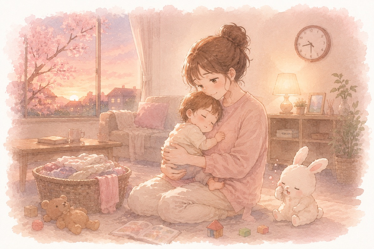 夕暮れのリビングで子どもを抱っこするうさみ