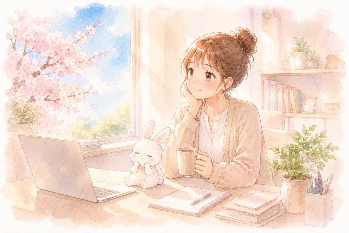 明るいデスクでくつろぐ、いまのうさみ