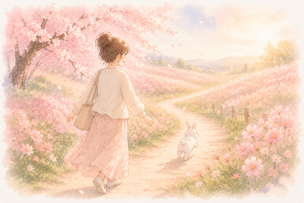花畑のよりみちを歩くうさみとうさぎ